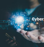 Businessman is showing concept of future technology and internet connection network with AI as controller. A graphic floated in the air on his hand. Cyber Security concept.