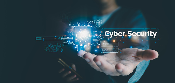 Businessman is showing concept of future technology and internet connection network with AI as controller. A graphic floated in the air on his hand. Cyber Security concept.